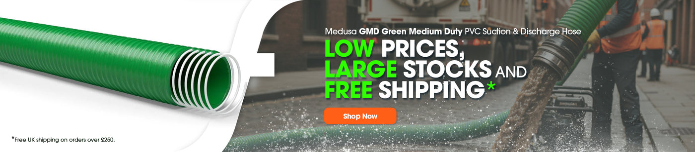 GMD Gren Medium Duty PVC Hose with low prices, large stocks and free shipping. An industrial worker in the background using Green Medium Duty PVC Suction and Discharge Hose on the street.