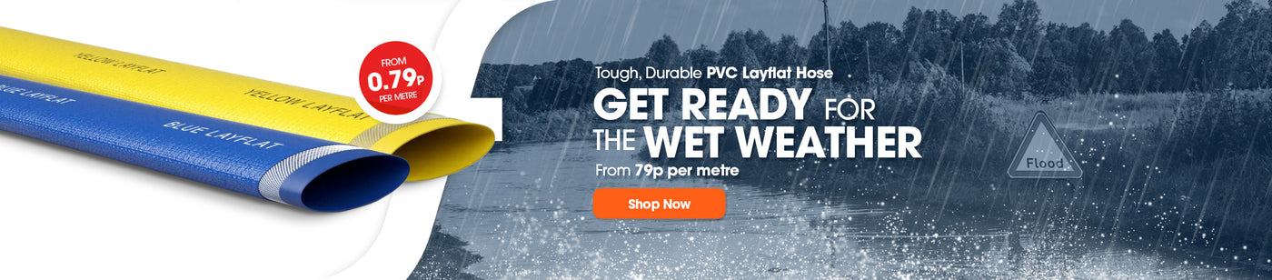 Blue and Yellow PVC Layflat Hose from 79p per metre on a raining background