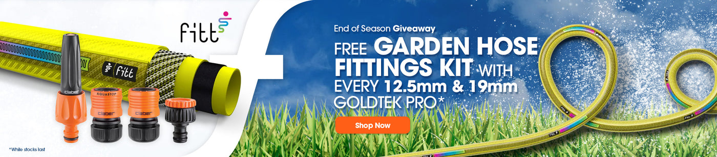 Promotional banner for a free garden hose fittings kit with garden hose and fittings.