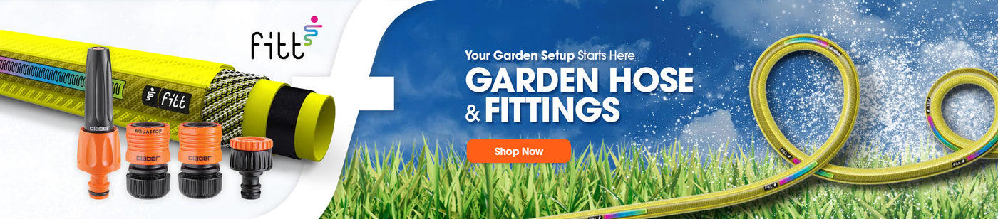 Garden hose and garden fittings with 'fitt' branding on a promotional banner.