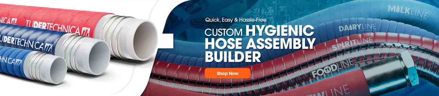 Promotional graphic for a custom hygienic hose assembly builder with various hoses and brand names.