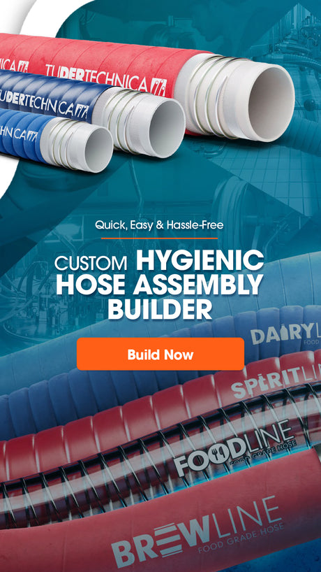 Promotional graphic for a custom hygienic hose assembly builder with various hoses and brand names.
