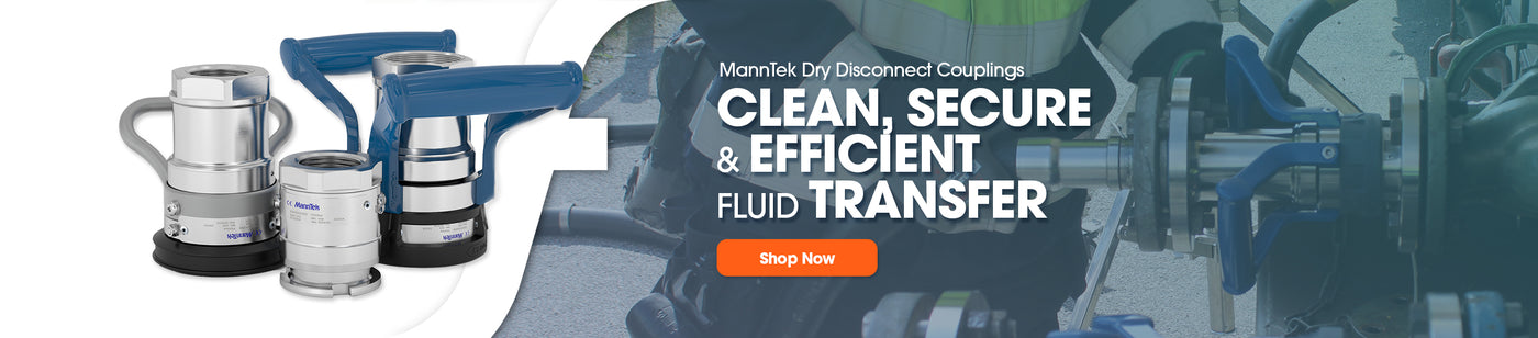 MannTek Dry Disconnect Couplings banner with industrial worker fitting a couplings to a pipe